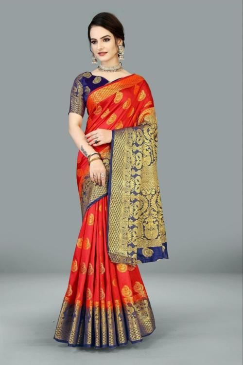 Mansh the stylo..Women Red, Dark Blue Self Design Nylon Banarasi Saree