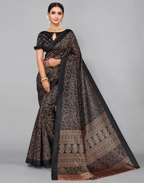 Buy Siril Poly Silk Black Color Saree with Blouse piece | sarees for ...