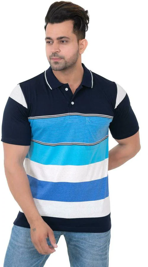 Embro Men Striped Polo Neck Poly Cotton Multicolor T-Shirt