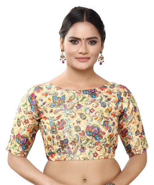 Madhu Fashion Women Floral Polyester Brocade Readymade Saree Blouse with Elbow Length Sleeve (34)
