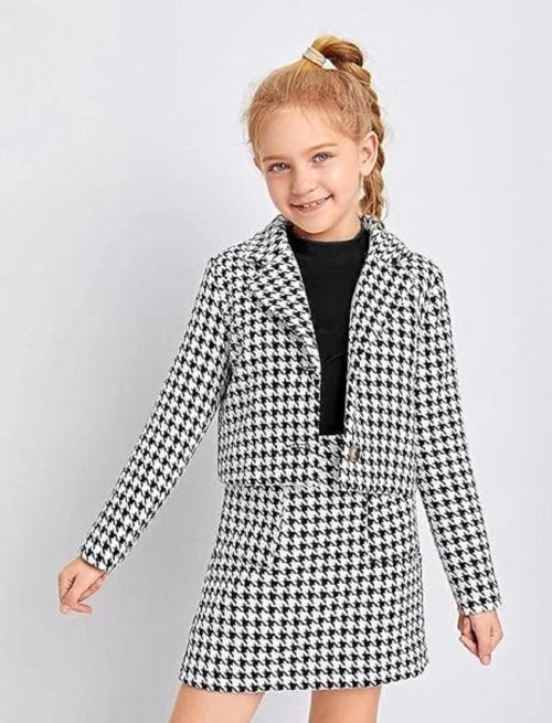 BLOOD PANTHER Fashionable 3-Piece Clothing Set for Kid Girls - Sleeveless T-Shirt, Full Sleeve Blazer, and Coordinated Skirt in Modern Prints (Black and White)