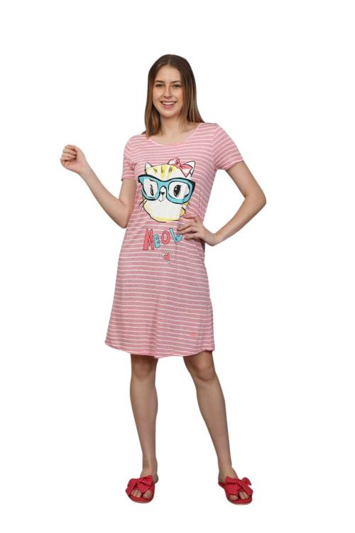 Evolove Women Crepe Pink Cotton Knee Length Short Night Gown Nighty Dress With Pocket (S)