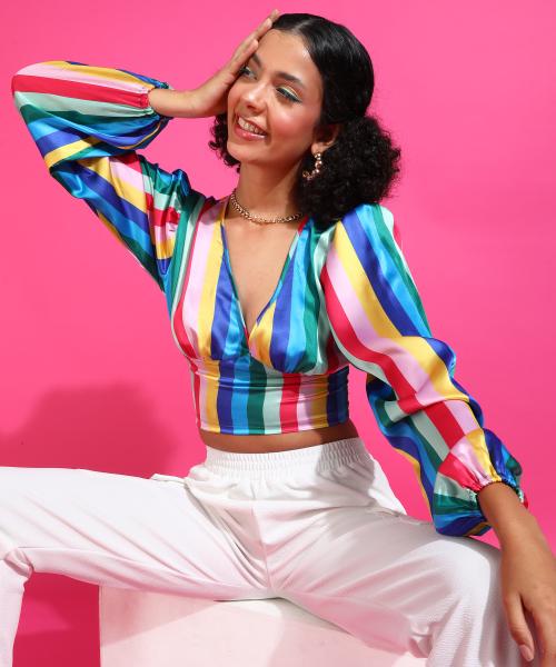 Popwings Women Casual Multi Color Stripes Satin Smocking Crop Top | Latest Design Top for Women | Stylish Top for Women