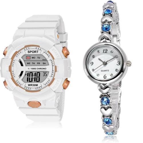 TIMENTER Classical Wrist Digital Kids Watch And Stone White And Silver Colour Digital And Analog Plastic And Stainless Steel Belt 2 Watch Combo For Women And Girls - DG37-G454