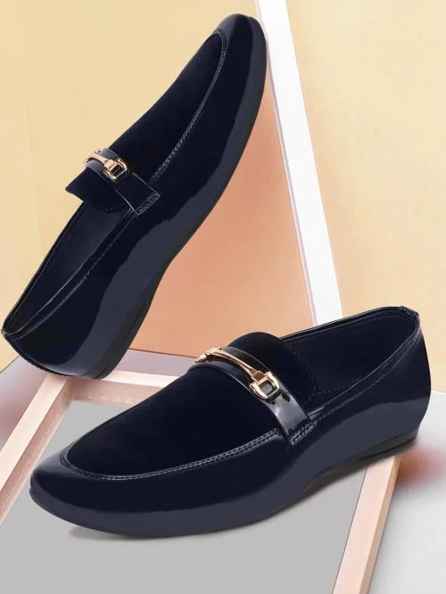 FAUSTO Men Blue Patent Leather Velvet Horsebit Classic Formal Buckle Loafer Shoes (6 UK)