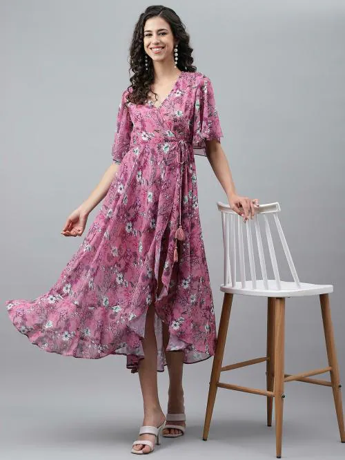 Janasya Women's Pink Georgette Digital Printed Wrap Dress