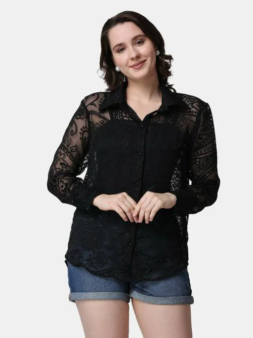 Popwings Casual Black Net Laces Brasso Design Transparent Shirt for Women | Shirt for Women Stylish | Latest Design Shirt Women | Collar Shirt For Women