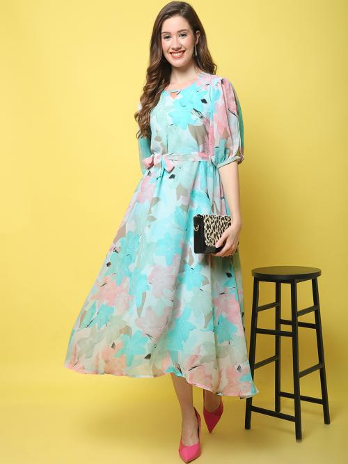 Fabflee Georgette A-line Printed Dress for Women| Dresses| Women Dress| Gown For Women| Dress| One Piece| Women's Maxi Dress