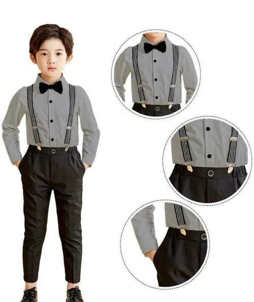 Froquiliz Boys Party Wear Shirt Pant, Bow Tie, Suspenders Dungaree Grey 4-5 Y