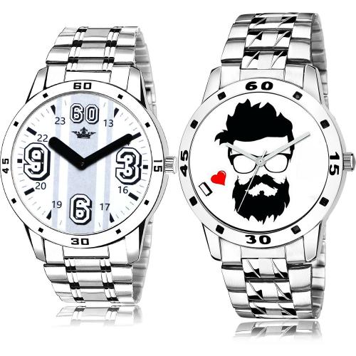 NEUTRON Treading Stylish Lionel Messi And Beard Style Chain Watch Silver Colour Analog Metal And Stainless Steel Belt 2 Watch Combo For Boys And Men - BL46.111-B823