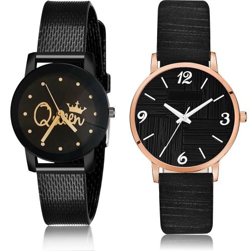 NEUTRON Modern Quartz Queen And Girls Watch Black Colour Analog Metal And Genuine Leather Belt 2 Watch Combo For Women And Girls - GCPL24-GM320
