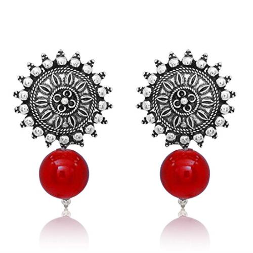 Jewelopia Brass Oxidised Stud with Red Pearl Earrings Silver Plated Drops Floral Antique Design Pearl Drop Studs with Multicolor Pearl for Women and Girls