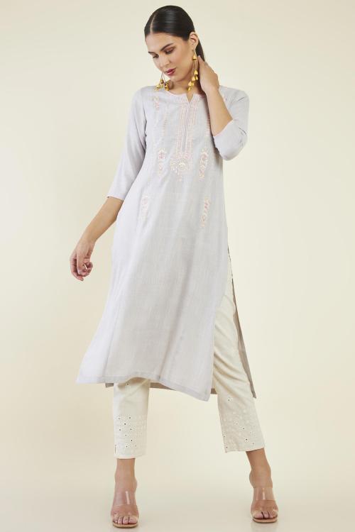 Soch Women Grey Rayon Embroidered Kurta