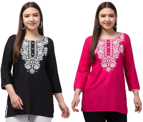 Aura Glam Women Embroidered Latest Design Rayon Fabric Round Neck With Three Quarter Sleeves Short Kurti | MultiColour Pack of 2 |Black & Magenta