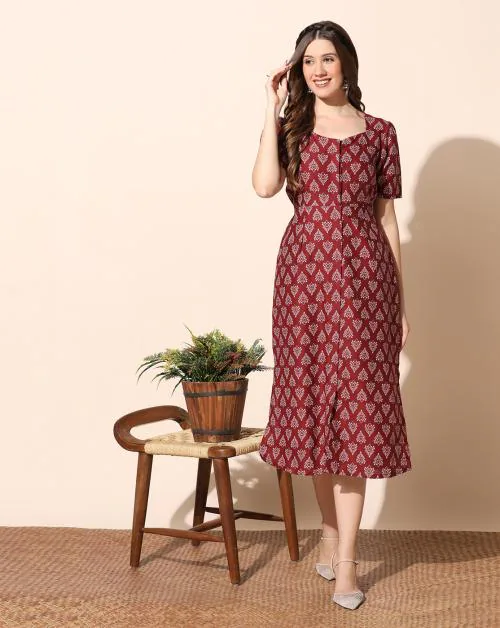 Fashion Dream Women Maroon Motif Printed Cotton Dress | Dresses| Women Dress| Midi Dresses| Dress for Women| Midi Dresses For Women | Women Casual Dress | A-Line Dress| Women Cotton Dress |Printed Dress