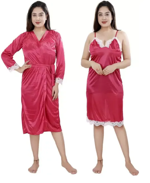 LOOK PLUS Women Ladies Sexy Honeyoon Wedding Night Dress Pink Sleepwear Pack of 2)Babydolls