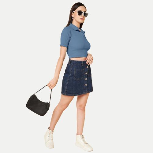 Rad Prix Women Dark Teal Cropped Rib Polo T shirts