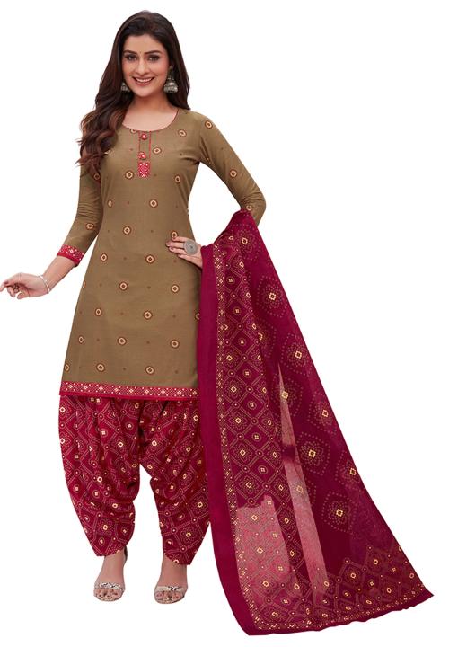 Salwar Studio Women's Beige & Pink Cotton Printed Unstitch Dress Material with Dupatta