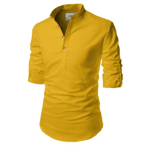 Vida Loca Cotton Yellow Color Full Sleeve Casual Mandarin/Chinese Collor Slim Fit Short Kurta For Men and Boys