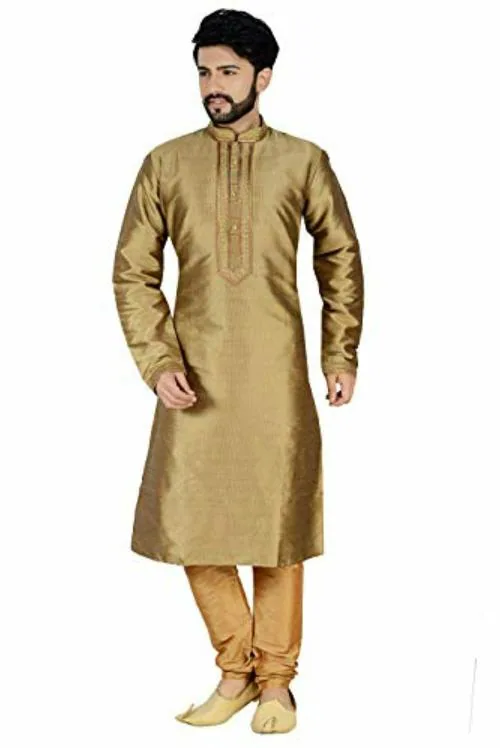 ARRUGA Men Dusky Gold Silk Kurta Pyjama Set - 40