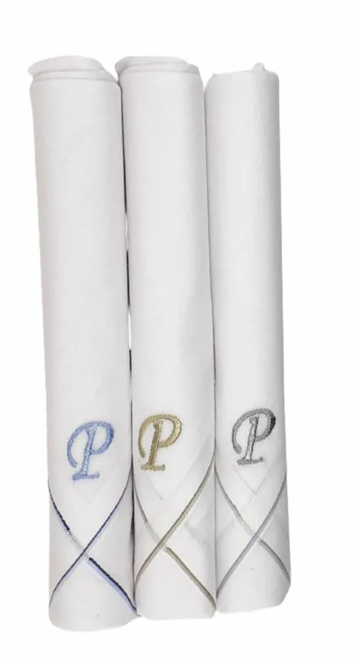 Concerto Men's Fine Cotton (White) Embroidered Initial Handkerchief (Pack of 3) (Size 48 cms * 48 cms) - P - Gifts for Husbands, Valentine, Fathers and Sons on Birthdays, Diwali and Christmas.