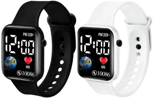 Acnos Premium Black white Color Luminous LED Display Fashionable Digital Waterproof Sports Square Led Watch Men and Boys (pack of 2)