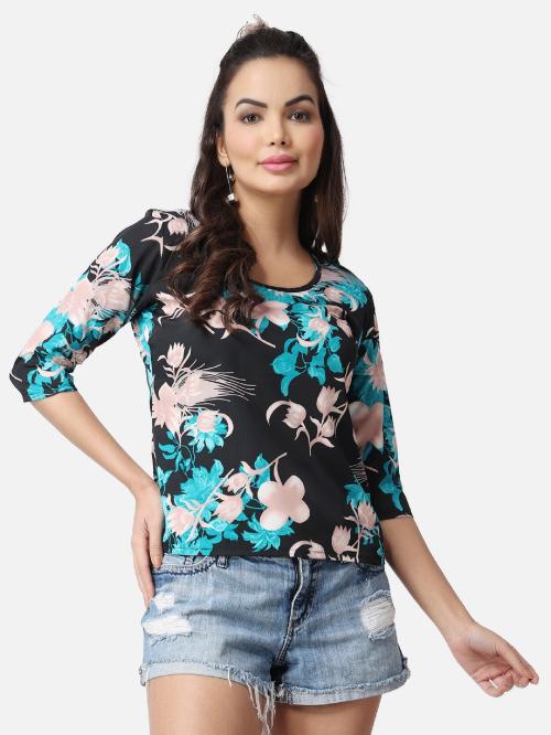 Popwings Casual Polyester Crape Solid Women Floral Printed Top ! Regular Relaxed Round Neck 3/4th Normal Sleeve Multi Color Flower Prints Girls Daily Wear Tops