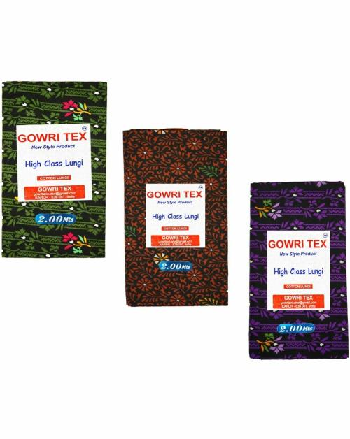 GOWRI TEX Men Green and Purple Printed Polyester Lungi - Free Size (Pack of 3)