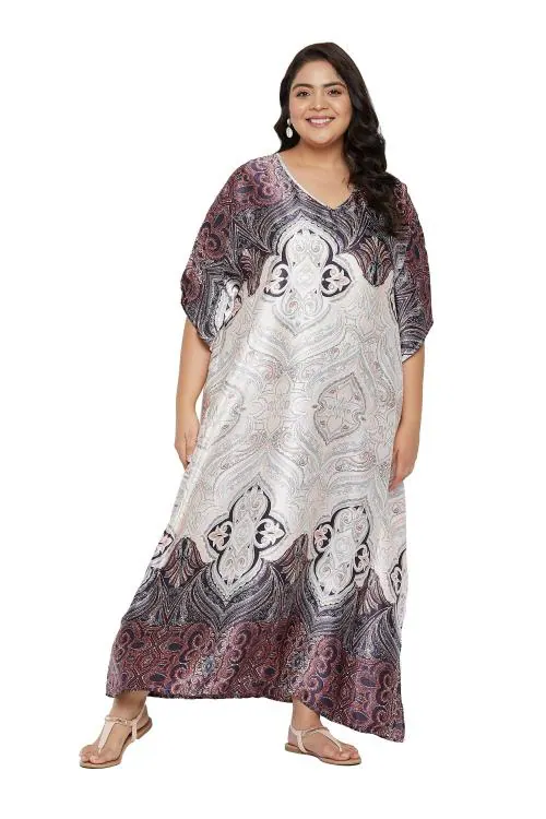 Riara Women Plus Size Kaftan Night Dress Poly Satin Maxi with Kimono Sleeves for Ladies Peach