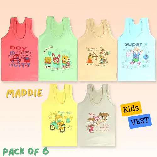 Reyonvally Kids Cotton Vest for Boys & Girls Pack of 6, Super Soft, Lightweight, and Breathable Sleeveless Baby Baniyan with Cute Cartoon Prints, Tagless, Label-Free Sando Design for Maximum Comfort 7 - 8 Years