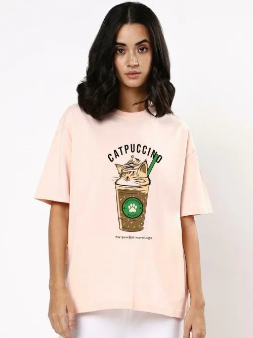 Bewakoof Women's Pink Catpuccino Graphic Printed Round Neck Short Sleeve Overzised T-shirt