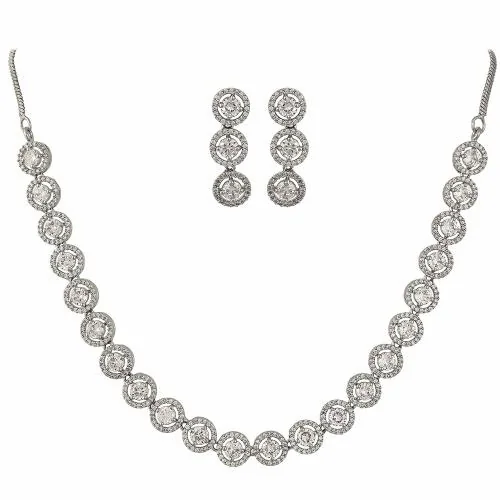 Ratnavali Jewels American Diamond Necklace Set Silver Plated
