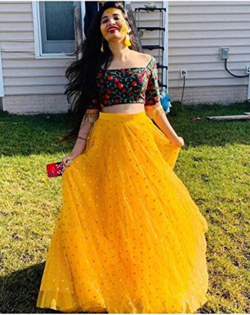 Women's Silk Semi Stitched Lehenga Choli (yellow bindu_Yellow_Free Size)