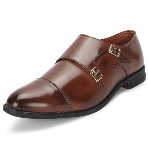 MUTAQINOTI Men's Brown Royal Leather Double Monk shoes for men Casual for men