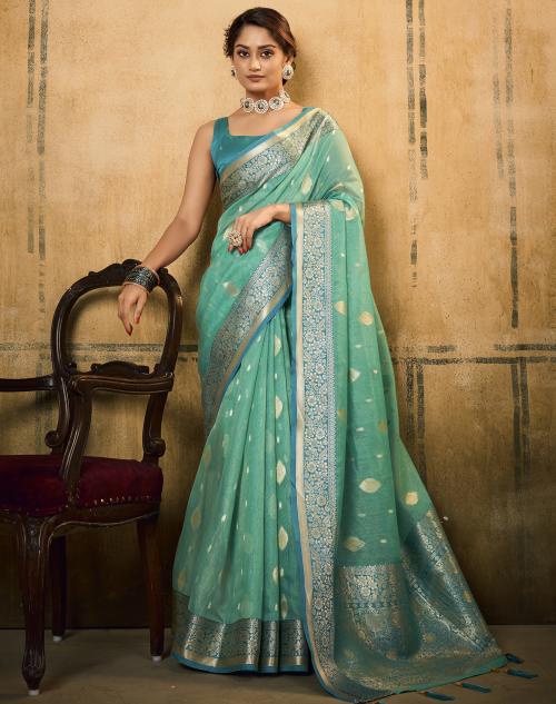 Satrani Silk Blend Turquoise Color Saree with Blouse piece | sarees for Women| saree | sarees