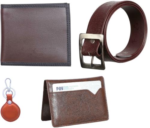 Mundkar Men Brown Wallet,Card Holder,Belt And Keychain Combo