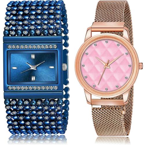 NEUTRON Contemporary Designer Chain Bracelet Diamond And Magnetic Chain Blue And Rose Gold Colour Analog Metal Belt 2 Watch Combo For Women And Girls - G588-GW16