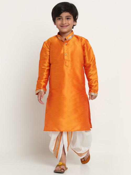 Benstoke Boys Orange & White Solid Silk Blend Kurta Dhoti Set