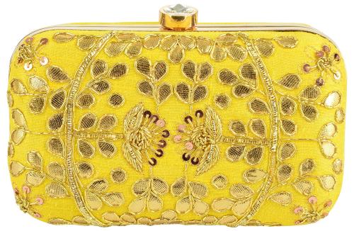Tooba Handicraft Yellow Velvet Women Designer Clutch Bag With Shoulder Strap