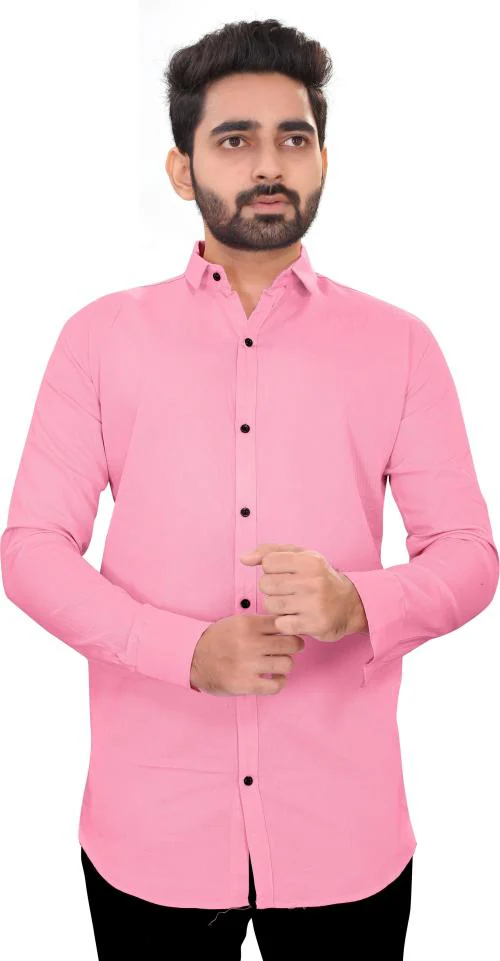 Ikg Denim Men Pink Solid Cotton Blend Casual Shirt (L)