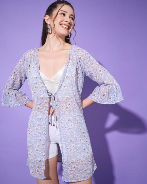 BuyNewTrend Purple Georgette Floral Print Women Short Shrug