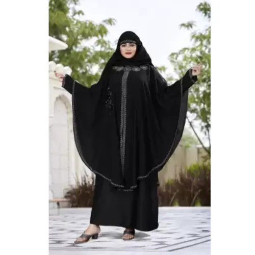 BHUMIFAB Latest Design Abaya Burkha For Women With Stone And Flower Patch Work Nida Matte Solid Abaya With Hijab (Black)