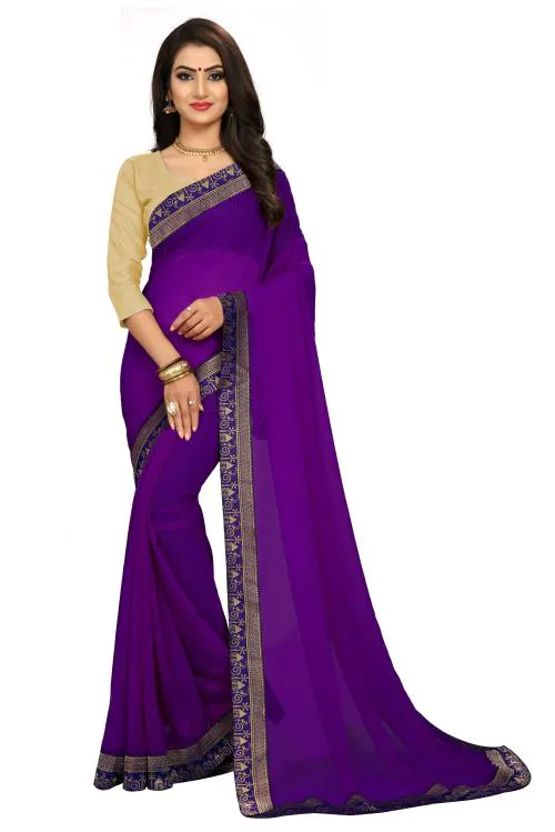 sadika women's solid plain daily wear purple georgette saree