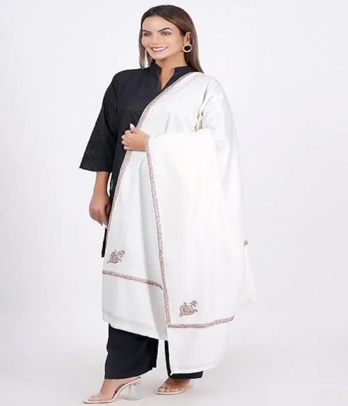 Vrinde Pure Kashmiri Woolen Kashmiri Embroidery Maroon Shawl (Size 45X86 Inch) l Shawl For Women l Winter Wear l White