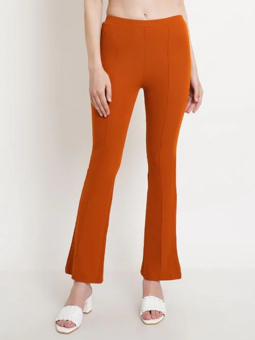 Popwings Regular Fit Rust Solid Midrise Trouser ! Rust Stretchable Self Design Pintex Wide Leg Trouser for Women