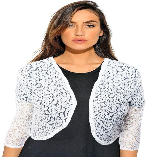 Akido 3/4th Style Cotton Net Short Floral Design Shrug for Women & Girls For both Regular and Formal Wear (White)