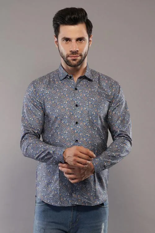 Tu-Good 100% Cotton Full Sleeve Regular Fit All Over Floral Print Casual Navy Blue Shirt For Men