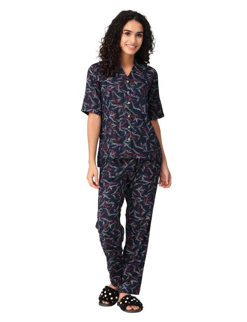 Shipoo 4U Women Blue Printed Rayon Night Suit Top And Pyjama Set (M)
