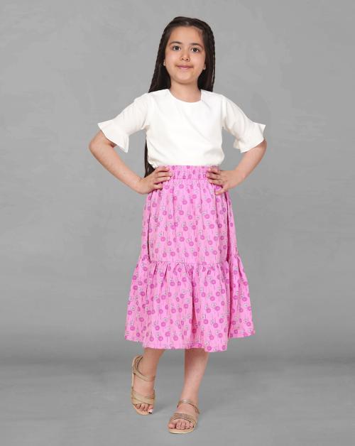 Fashion Dream Girls White Solid Crepe Top & Floral Printed Skirt Set