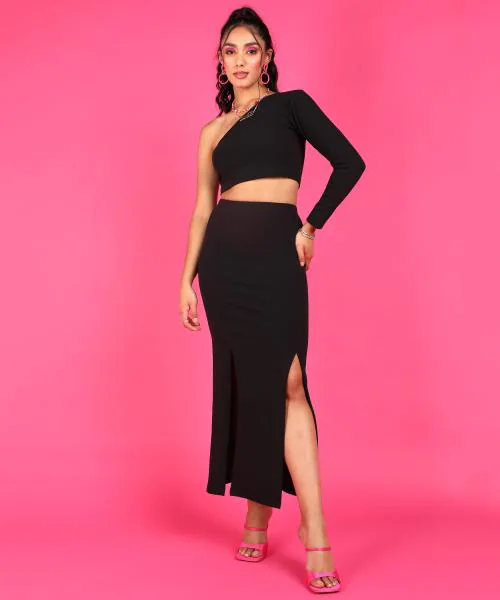 Popwings Women Casual Black Two Slits Long Skirt & One Sleeve Crop Top Co-Ords Set | Long Skirt and Top Set | One Shoulder Top and A line Skirt Set | Latest Trendy Design Top and Skirt Set